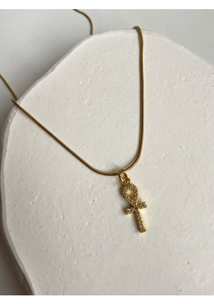 Collection Taşlı Ank Charm Yılan Zincir 45 cm Altın Kaplama Gold Kolye