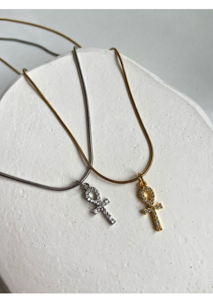 Collection Taşlı Ank Charm Yılan Zincir 45 cm Altın Kaplama Gold Kolye