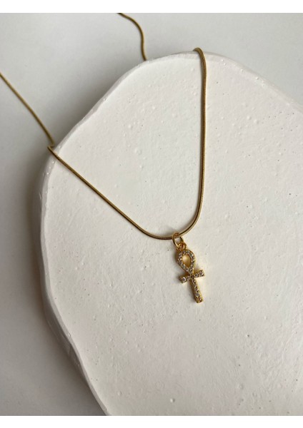Collection Taşlı Ank Charm Yılan Zincir 45 cm Altın Kaplama Gold Kolye