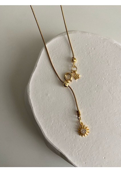 Collection Güneş ve Mini Yıldız Charm Altın Kaplama Gold Asansör Kolye(Açıklamayı Okuyunuz)