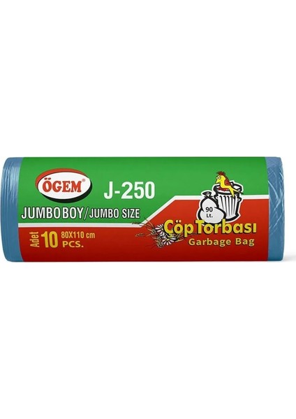 J-250 Jumbo Boy Çöp Torbası 80 x 110 cm 10'lu Rulo x 1 Paket = 10 Adet Mavi