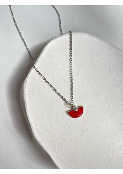 Collection Gümüş Mini Kırmızı Yelpaze Charm 45 cm Çelik Kolye