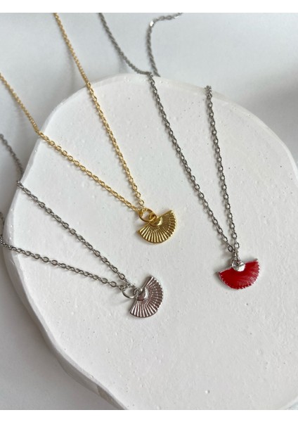Collection Gümüş Mini Kırmızı Yelpaze Charm 45 cm Çelik Kolye