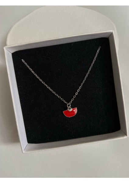 Collection Gümüş Mini Kırmızı Yelpaze Charm 45 cm Çelik Kolye