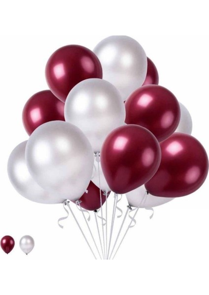 Bordo Beyaz Metalik Latex Balon 10 Adet