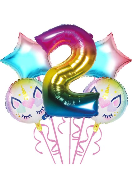 Gökkuşağı Unicorn 2 Yaş Folyo Balon 5 Li Set