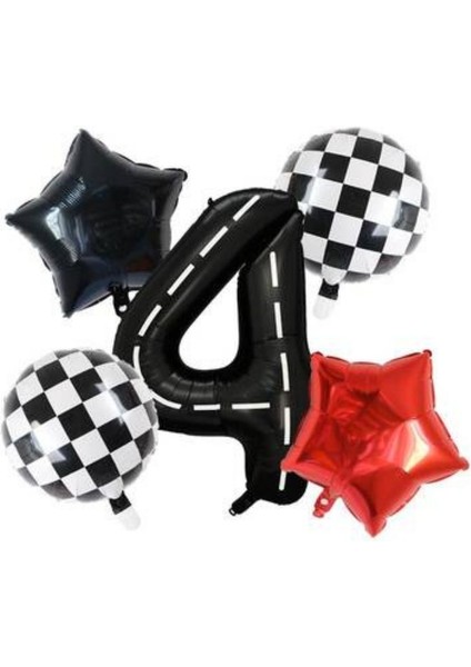 Siyah Yarış Pisti Damalı 4 Yaş Folyo Balon Set