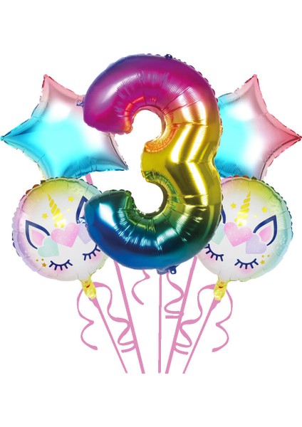 Gökkuşağı Unicorn 3 Yaş Folyo Balon 5 Li Set
