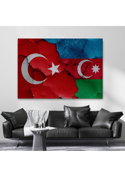 Türkiye Azerbaycan Bayrak Desenli Dekoratif Kanvas TABLO-6516