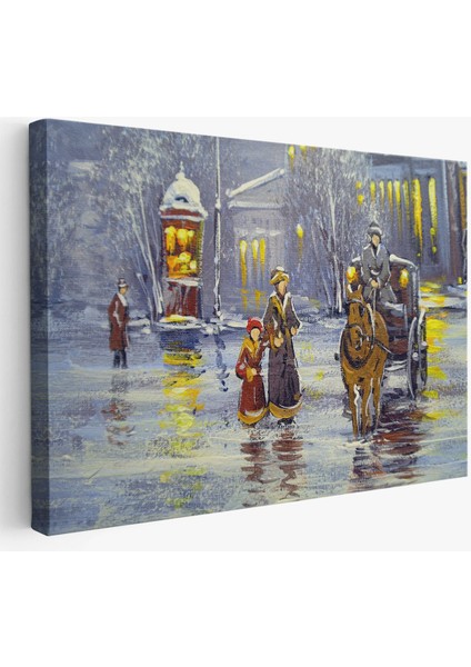 Eski Şehir ve At Arabası Yağlıboya Görünüm Dekoratif Kanvas Duvar TABLOSU-3573