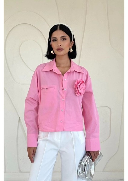 Pembe Fleto Cepli Poplin Gömlek