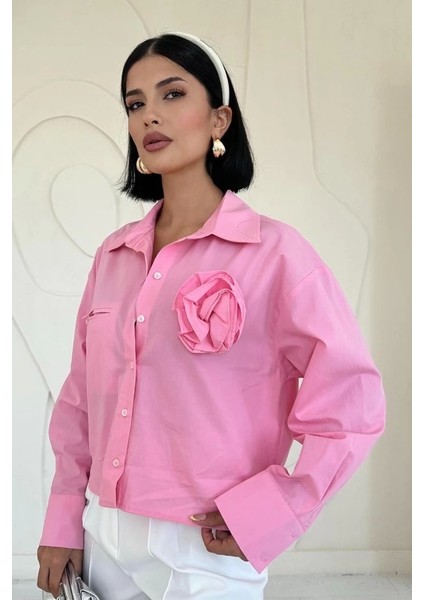 Pembe Fleto Cepli Poplin Gömlek