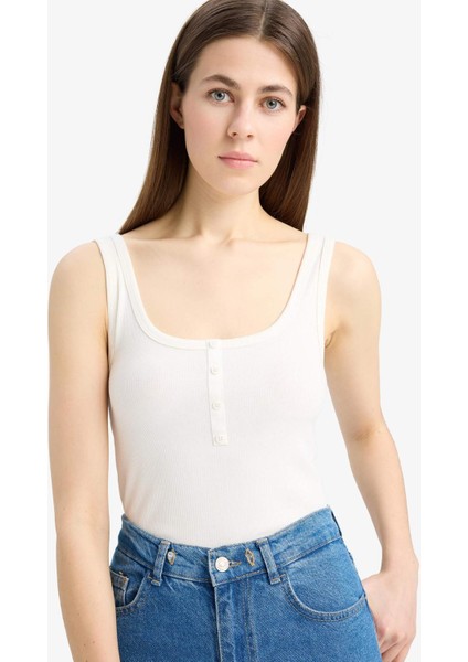 Slim Fit Dar Kesim Kare Yaka Fitilli Kaşkorse Atlet E2173AX25SP