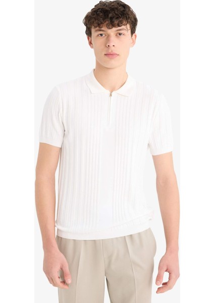 Standart Fit Polo Yaka Yarım Fermuarlı Kısa Kollu Triko Tişört E3243AX25SP