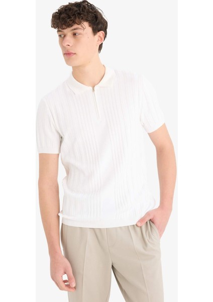 Standart Fit Polo Yaka Yarım Fermuarlı Kısa Kollu Triko Tişört E3243AX25SP