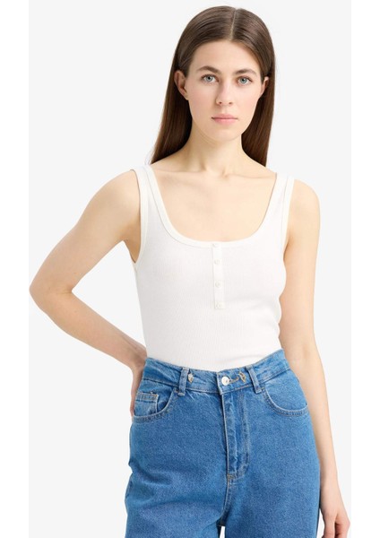 Slim Fit Dar Kesim Kare Yaka Fitilli Kaşkorse Atlet E2173AX25SP