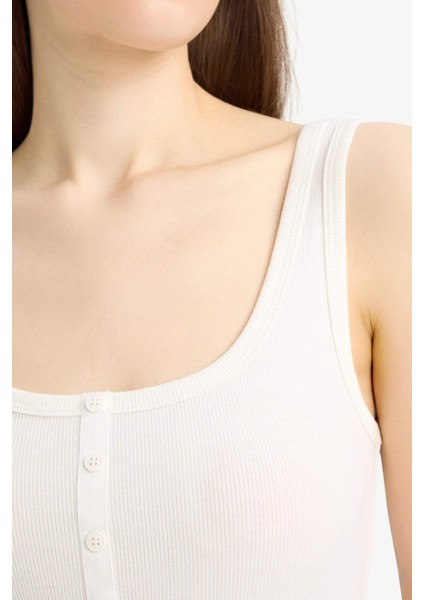 Slim Fit Dar Kesim Kare Yaka Fitilli Kaşkorse Atlet E2173AX25SP