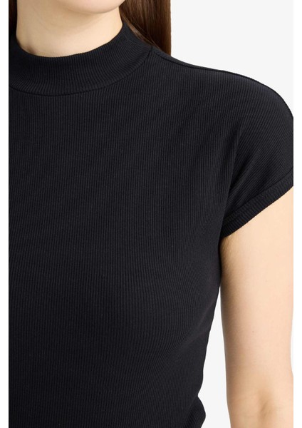 Slim Fit Dar Kesim Yarım Balıkçı Yaka Basic Düz Fitilli Kaşkorse Kısa Kollu Tişört F0365AX25SP