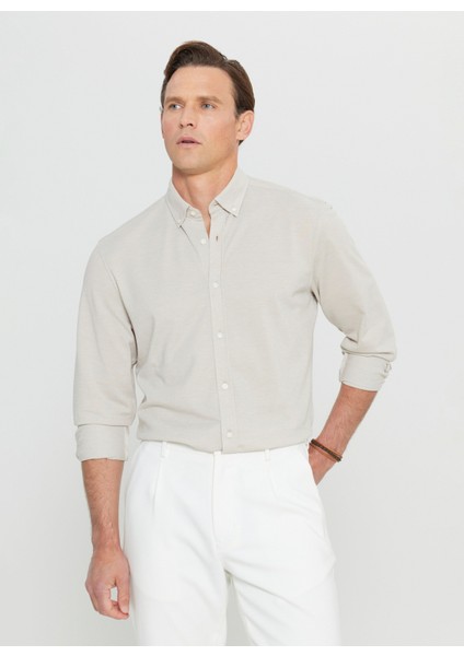 Slim Fit Düğmeli Yaka Bej Erkek Gömlek ACE020252157_BEJ