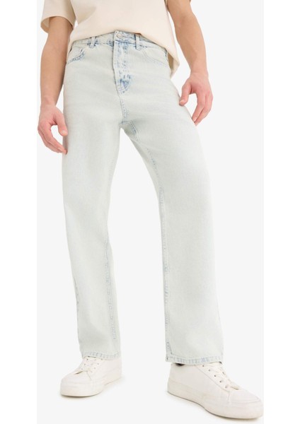 %100 Pamuk Baggy Fit Geniş Kalıp Normal Bel Düz Paça Jean Yıkamalı Pantolon D7317AX25SP
