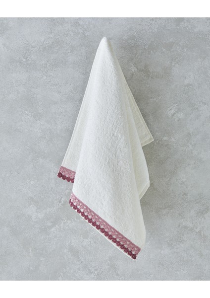Flower Line Pamuklu Kroşeli Yüz Havlusu 50X80 cm Ekru - Pembe