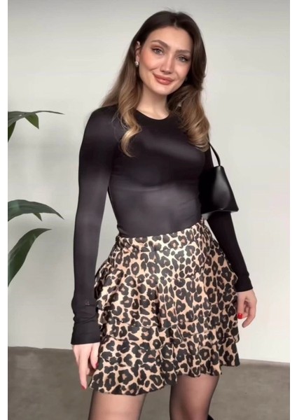 Kadın Bürümcük Kumaş Fırfırlı Leopar Desenli Etek