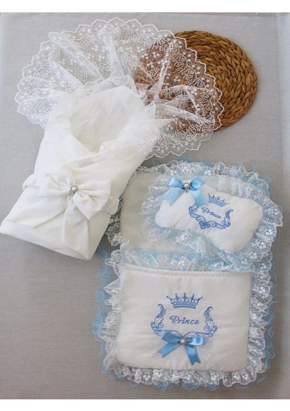 Yenidoğan Nil Taç Nakışlı Kundaklı Trilüks 3lü Alt Açma Seti