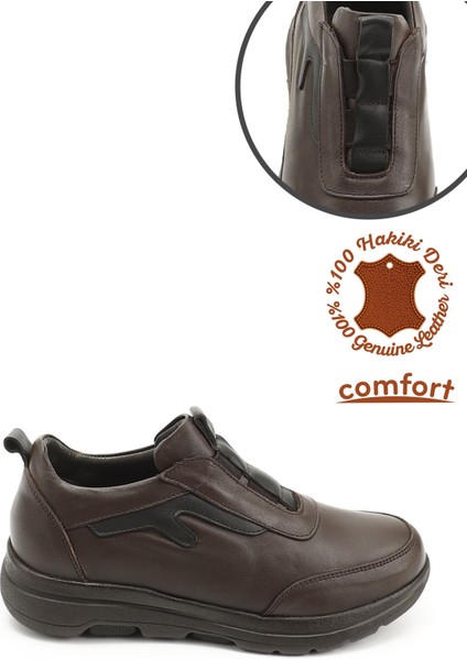 Kadın Kahve Dilden Lastikli Hakiki Deri Comfort Ayakkabı