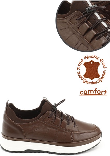 Erkek Kahve Likralı Lastik Bağcıklı Hakiki Deri Comfort Sneaker