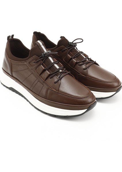 Erkek Kahve Likralı Lastik Bağcıklı Hakiki Deri Comfort Sneaker