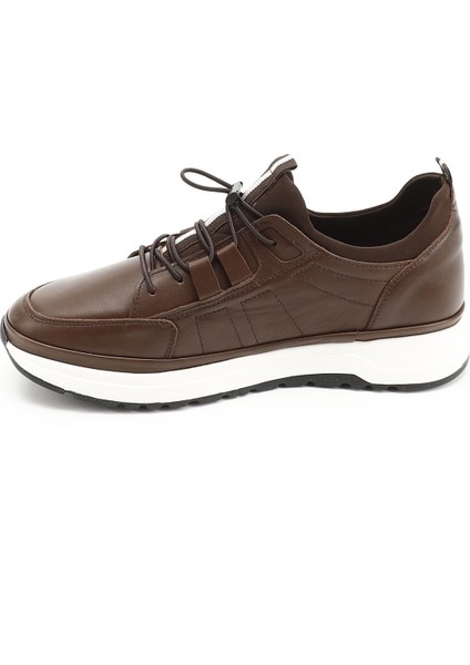 Erkek Kahve Likralı Lastik Bağcıklı Hakiki Deri Comfort Sneaker