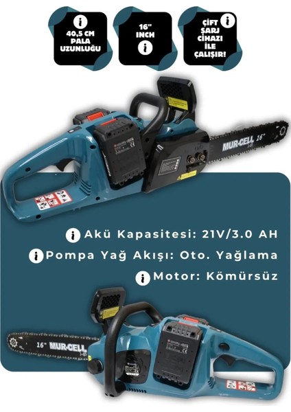 Murcell Çift Akülü Şarjlı Ağaç Dal Kesme Motoru: Kömürüsüz 16"ınch Hızar fiyatları