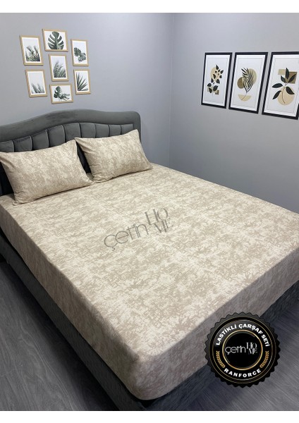 Kumaş Lastikli Çarşaf Seti Çift Kişilik ve Battal Boy Gölge Bej V2 160 x 200