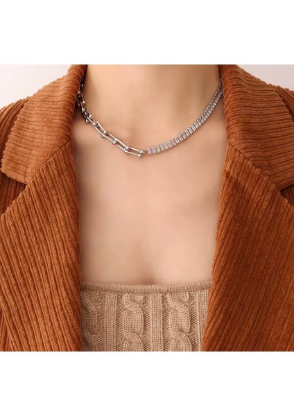 Zirkon Taşlı Kolye Çelik