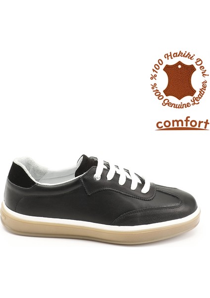 Erkek Siyah Bağcıklı Hakiki Deri Comfort Sneaker