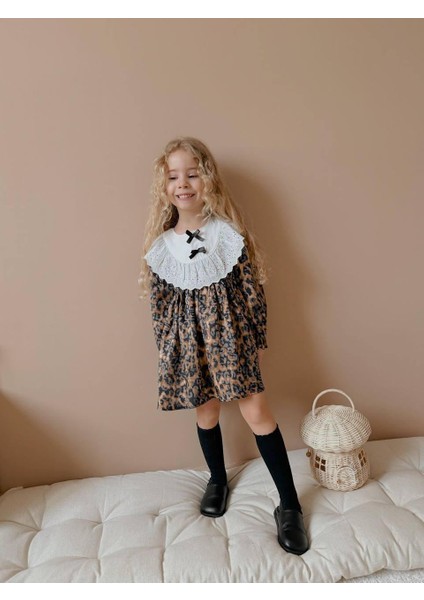 Kız Çocuk Bayramlık Yaka Detaylı Pamuk Dokuma Leopar Desen Elbise 2588 fiyatları
