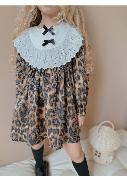 Kız Çocuk Bayramlık Yaka Detaylı Pamuk Dokuma Leopar Desen Elbise 2588 indirimleri