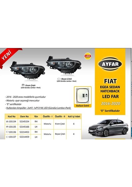 -101137 - Far Motorlu Sol Egea 16-20 LED Drl+Park Beyaz Çıtalı