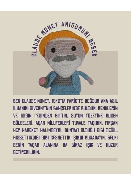 Claude Monet - Amigurumi Bebek 19 cm - El Yapımı Sanatsal Örgü Oyuncak