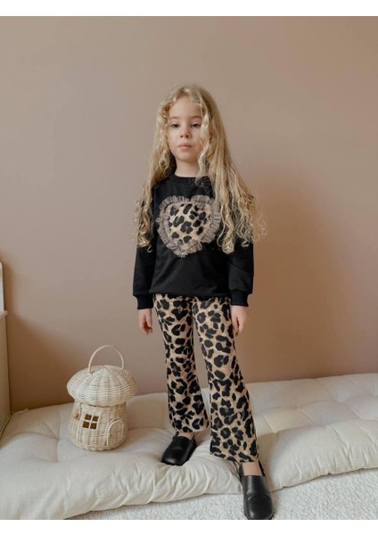 Leopar Taytlı Ispanyol Paça Kız Çocuk Alt Üst Takım Siyah 2556