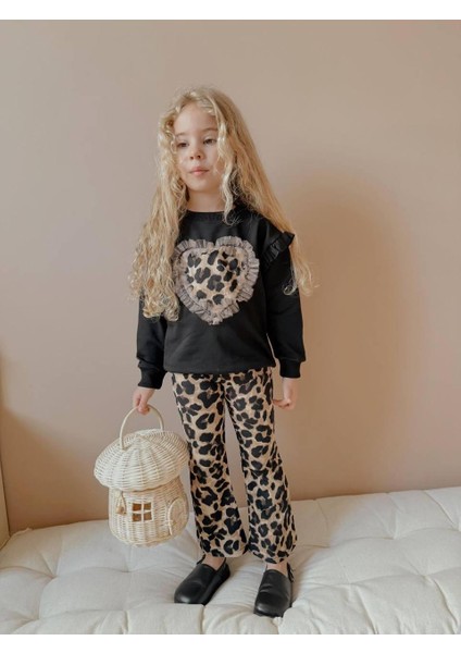Leopar Taytlı Ispanyol Paça Kız Çocuk Alt Üst Takım Siyah 2556 modelleri