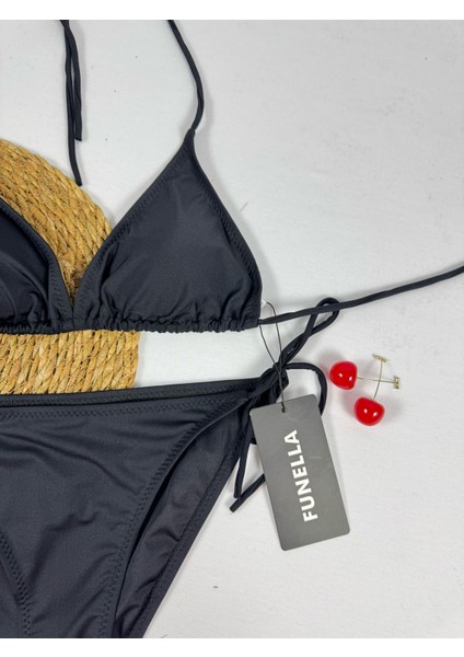 Siyah Boyundan Bağlamalı Şık Üçgen Kadın Bikini Takımı fiyatları