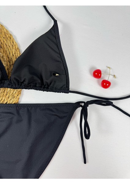 Siyah Boyundan Bağlamalı Şık Üçgen Kadın Bikini Takımı indirimleri