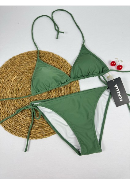 Haki Yeşil Boyundan Bağlamalı Üçgen Kadın Bikini Takımı
