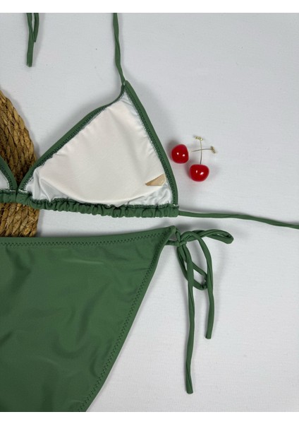 Haki Yeşil Boyundan Bağlamalı Üçgen Kadın Bikini Takımı indirimleri