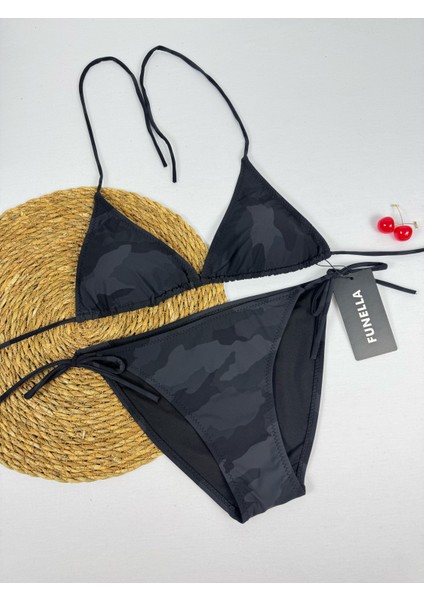 Asker Desenli Siyah Boyundan Bağlamalı Şık Üçgen Bikini Takımı