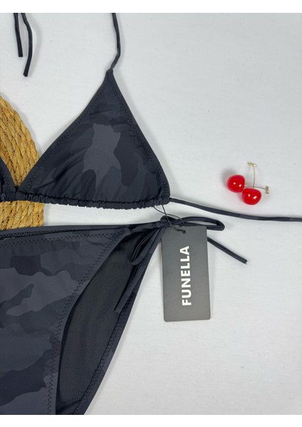 Asker Desenli Siyah Boyundan Bağlamalı Şık Üçgen Bikini Takımı fiyatları
