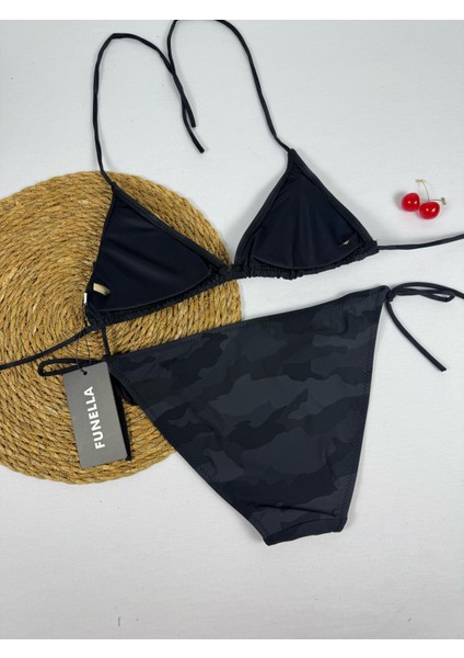 Asker Desenli Siyah Boyundan Bağlamalı Şık Üçgen Bikini Takımı modelleri