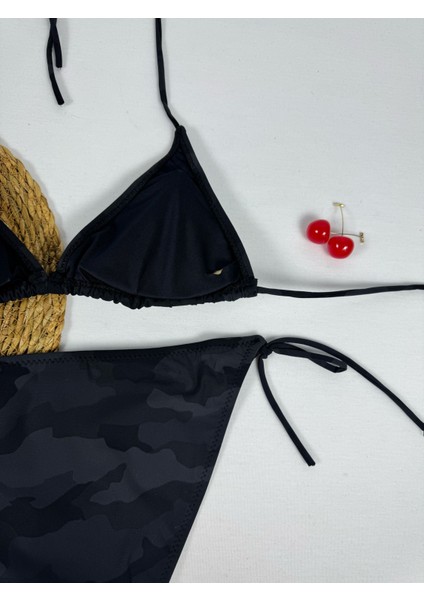 Asker Desenli Siyah Boyundan Bağlamalı Şık Üçgen Bikini Takımı fırsatları