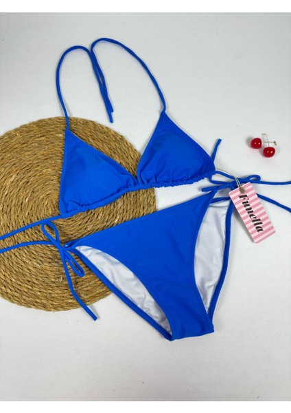 Saks Mavi Boyundan Bağlamalı Şık Üçgen Kadın Bikini Takımı